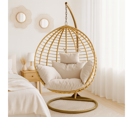 HAMACA SILLON COLGANTE DE RATTAN SINTETICO BEIGE 106X106X200CM